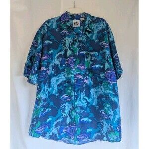 Hilo Hattie Hawaiian Silk Shirt Button Up Mens L Fish Floral Tropical Read
